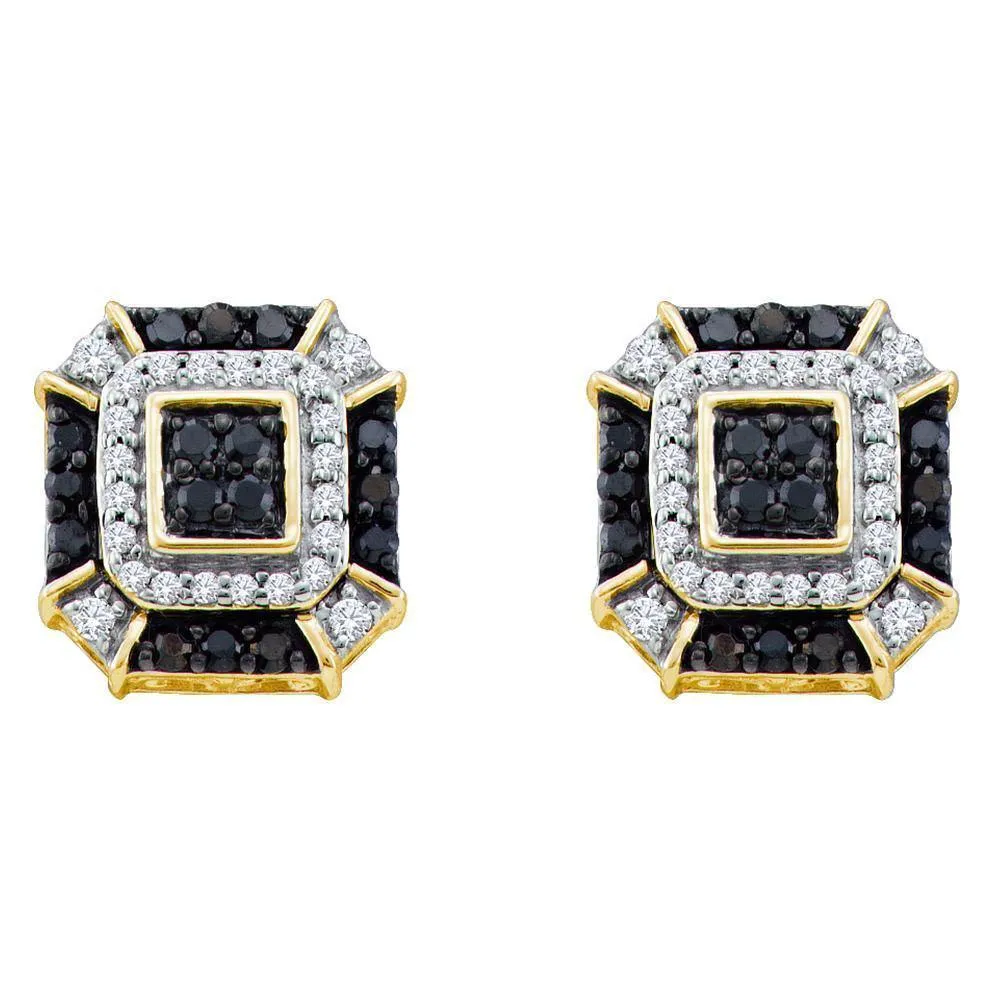 10K Yellow Gold Round Black Color Enhanced Diamond Square Geometric Cluster Earrings 1/2 Cttw