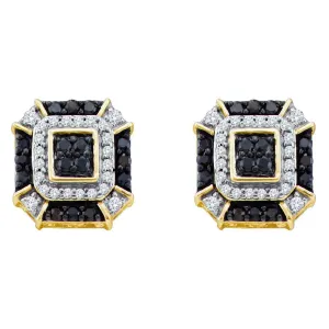 10K Yellow Gold Round Black Color Enhanced Diamond Square Geometric Cluster Earrings 1/2 Cttw