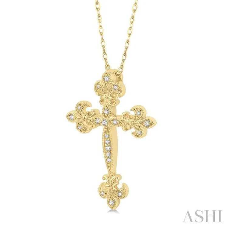1/10 Ctw Fleur De Lis Round Cut Diamond Cross Pendant With Chain in 10K Yellow Gold