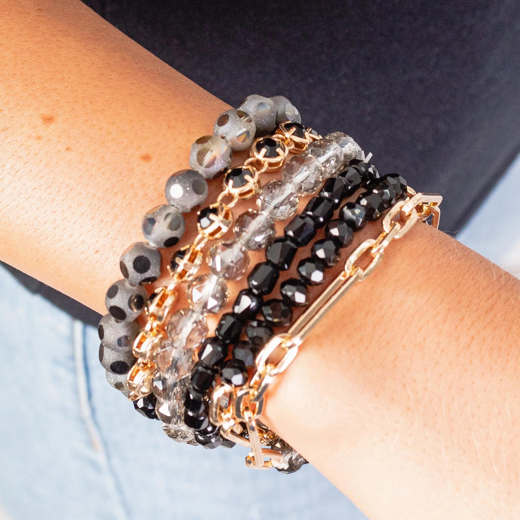 1406 - Stacked Crystal Beaded Bracelets - Black