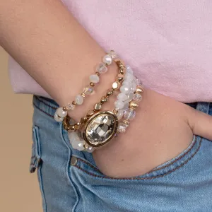 1416 - Crystal Beaded Stacked Bracelets - White