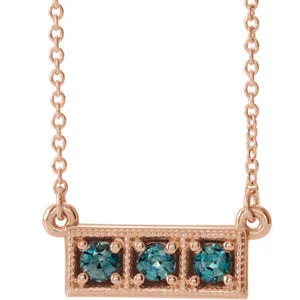14K Rose Blue Zircon Three-Stone Granulated Bar 16-18" Necklace