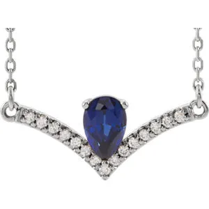 14K White Chatham® Lab-Created Blue Sapphire & .08 CTW Diamond 16" Necklace
