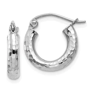 14k White Gold Diamond Cut 3MM Round Hoop Earrings