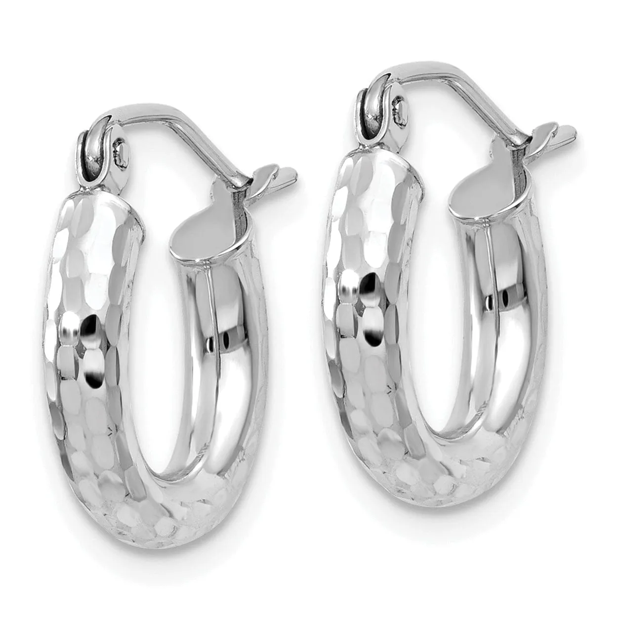 14k White Gold Diamond Cut 3MM Round Hoop Earrings