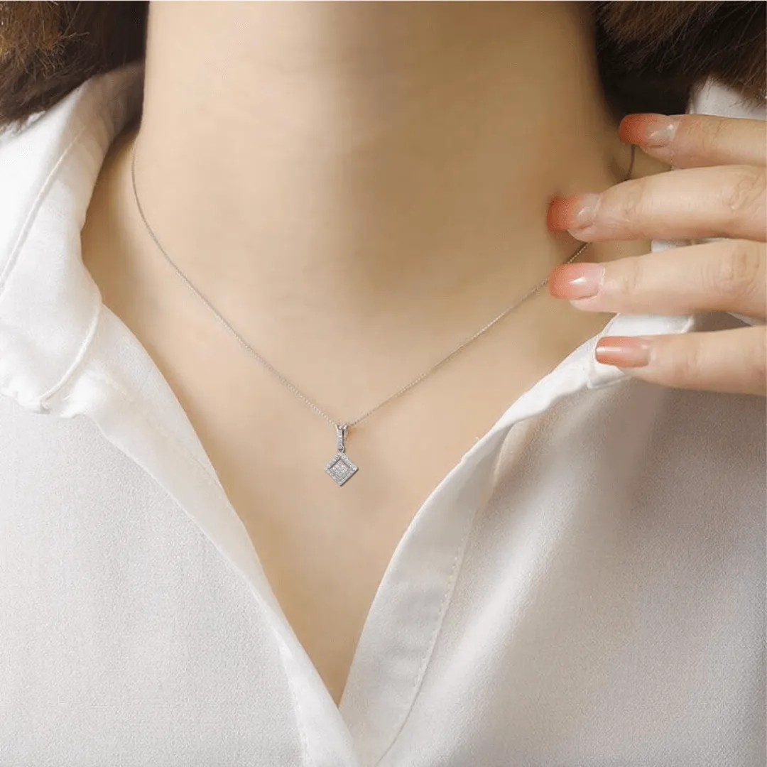 14k White Gold Square Cluster Diamond Pendant