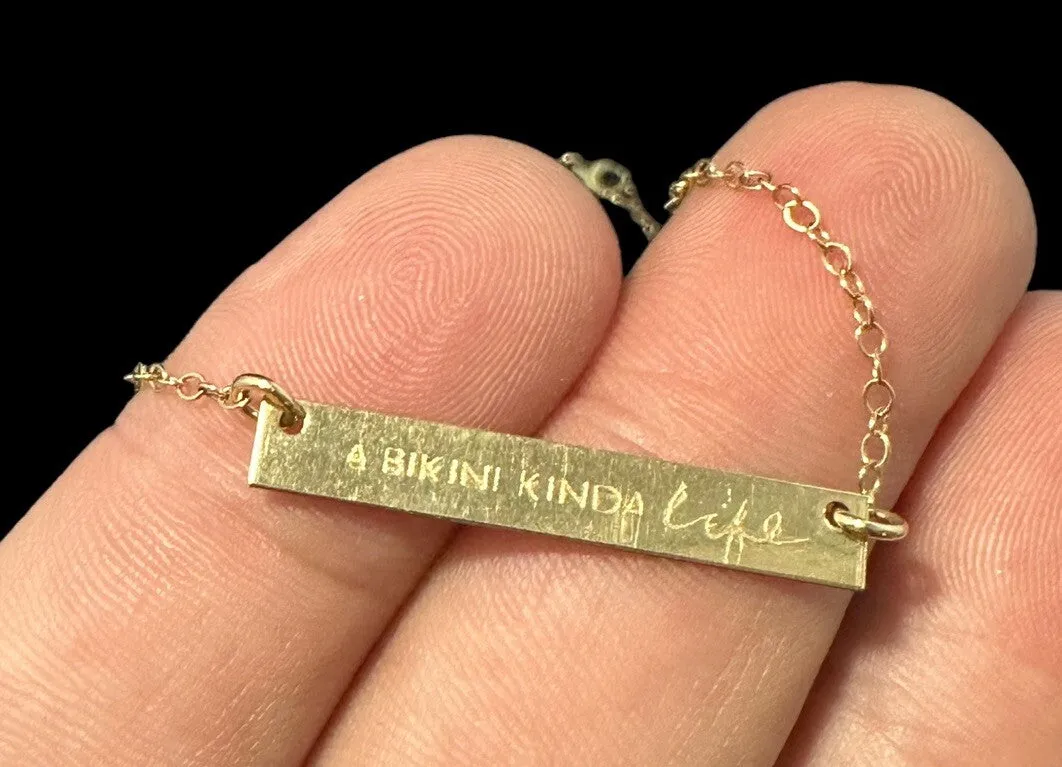 14k Yellow Gold Filled “A Bikini Kinda Life” Bar Pendant Oval Chain Necklace