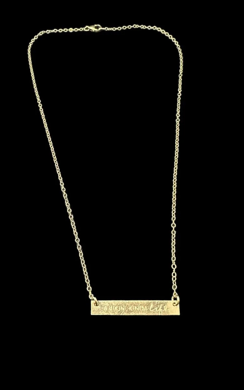 14k Yellow Gold Filled “A Bikini Kinda Life” Bar Pendant Oval Chain Necklace