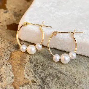 14KT Yellow Gold Triple Freshwater Pearl Charm Hoop Earrings 15mm