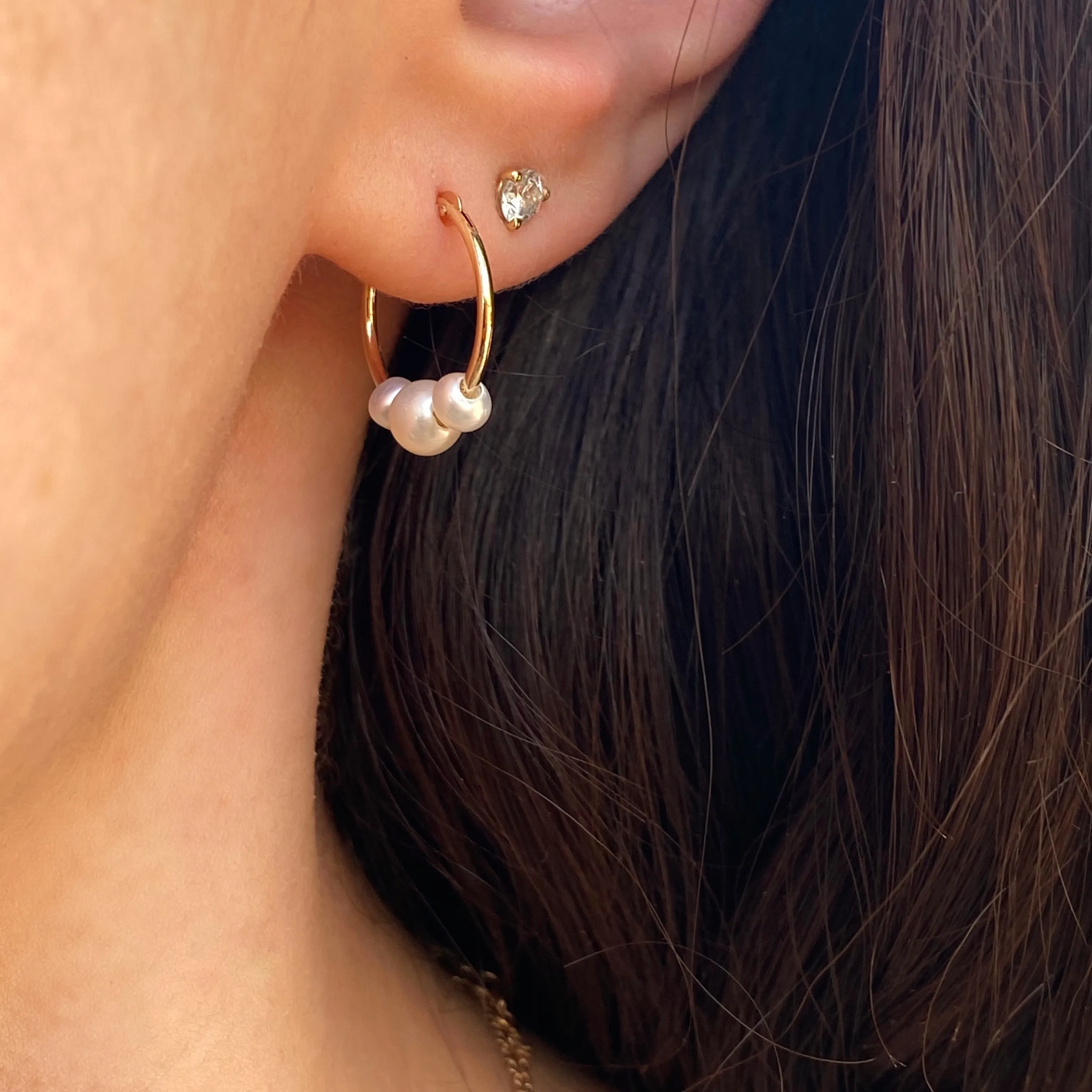 14KT Yellow Gold Triple Freshwater Pearl Charm Hoop Earrings 15mm