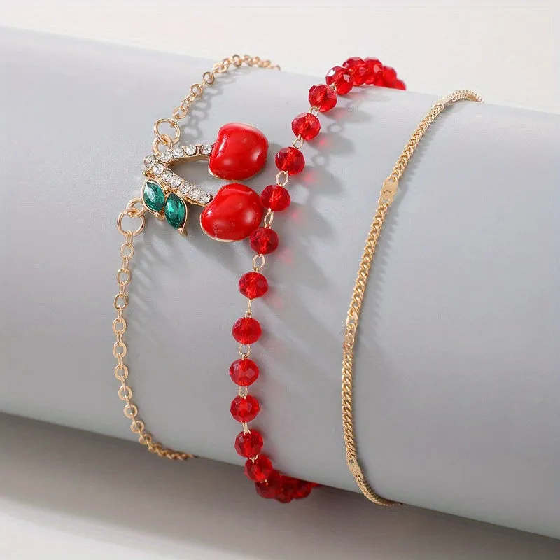3-Piece Red Seed Bead & Cherry Blossom Anklet Set – Boho Multi-Layer Design
