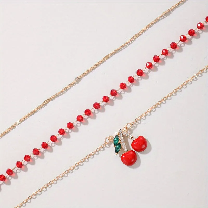 3-Piece Red Seed Bead & Cherry Blossom Anklet Set – Boho Multi-Layer Design