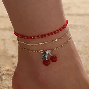 3-Piece Red Seed Bead & Cherry Blossom Anklet Set – Boho Multi-Layer Design