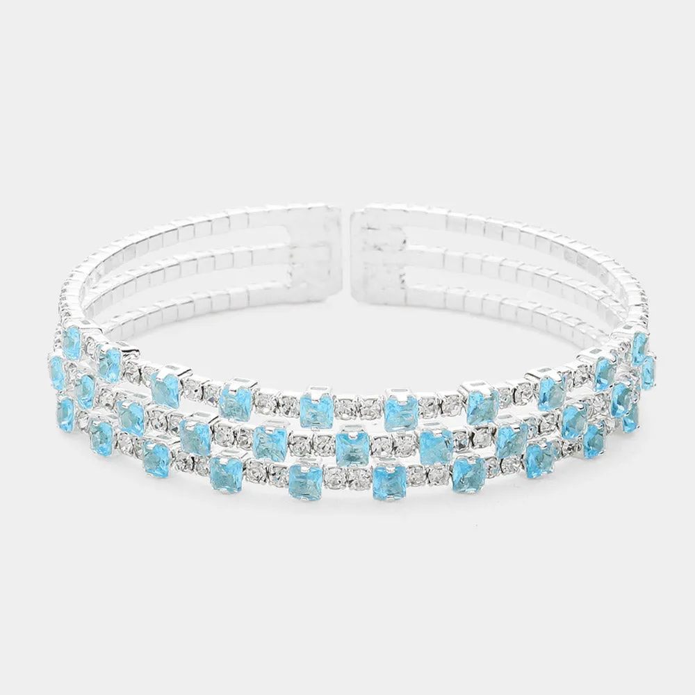 3-Row Aqua CZ Rectangle and Rhinestone Pageant Cuff Bracelet  | Bracelets for Prom | 622973