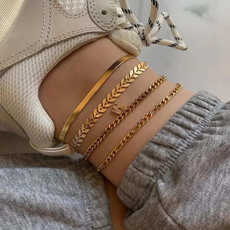 4pcs/set Boho Summer Bracele Crystal Snak Chian “K” Pendant Anklet Sandals Barefoot Beach Foot Bridal Jewelry Wholesale J010