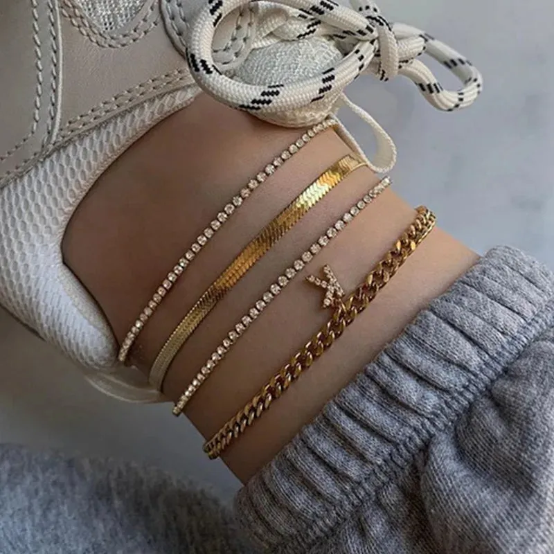 4pcs/set Boho Summer Bracele Crystal Snak Chian “K” Pendant Anklet Sandals Barefoot Beach Foot Bridal Jewelry Wholesale J010