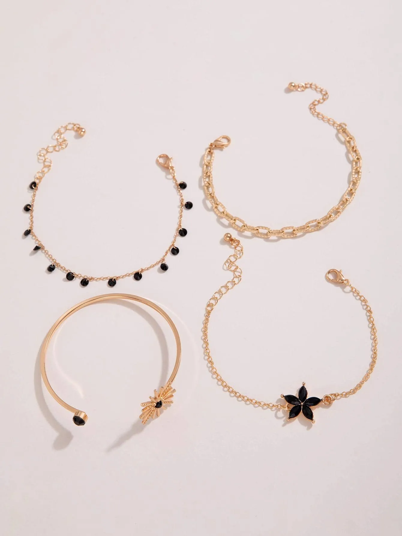 4pcs/set Flower Rhinestone Decor Bracelet Set - Black
