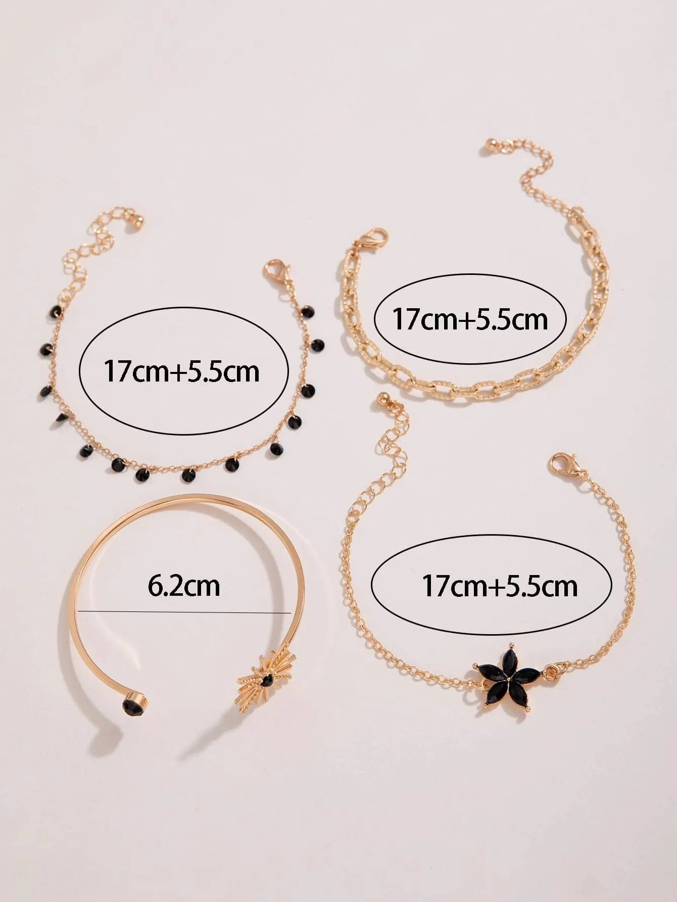 4pcs/set Flower Rhinestone Decor Bracelet Set - Black
