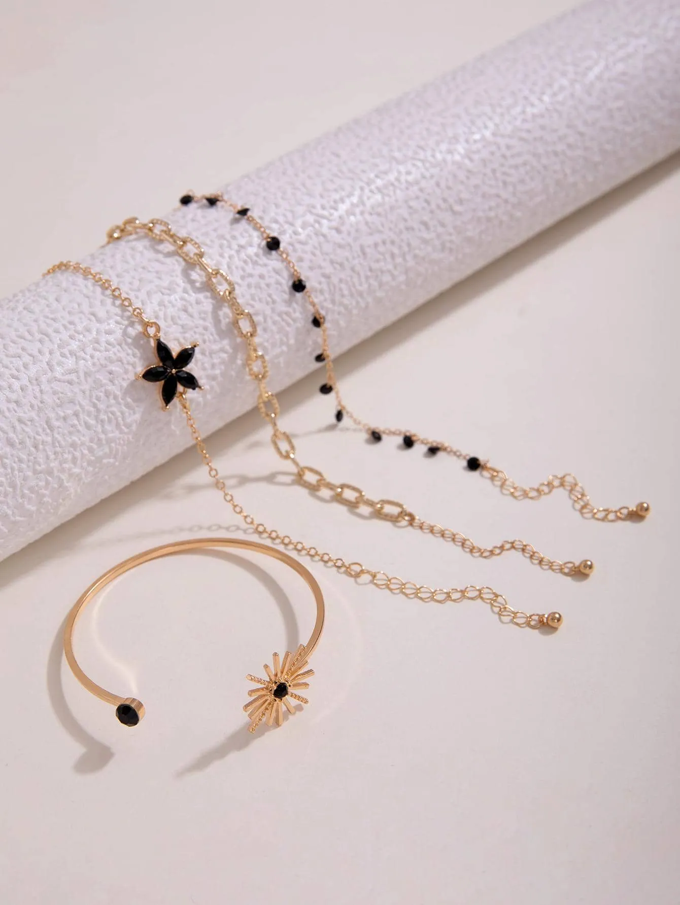 4pcs/set Flower Rhinestone Decor Bracelet Set - Black
