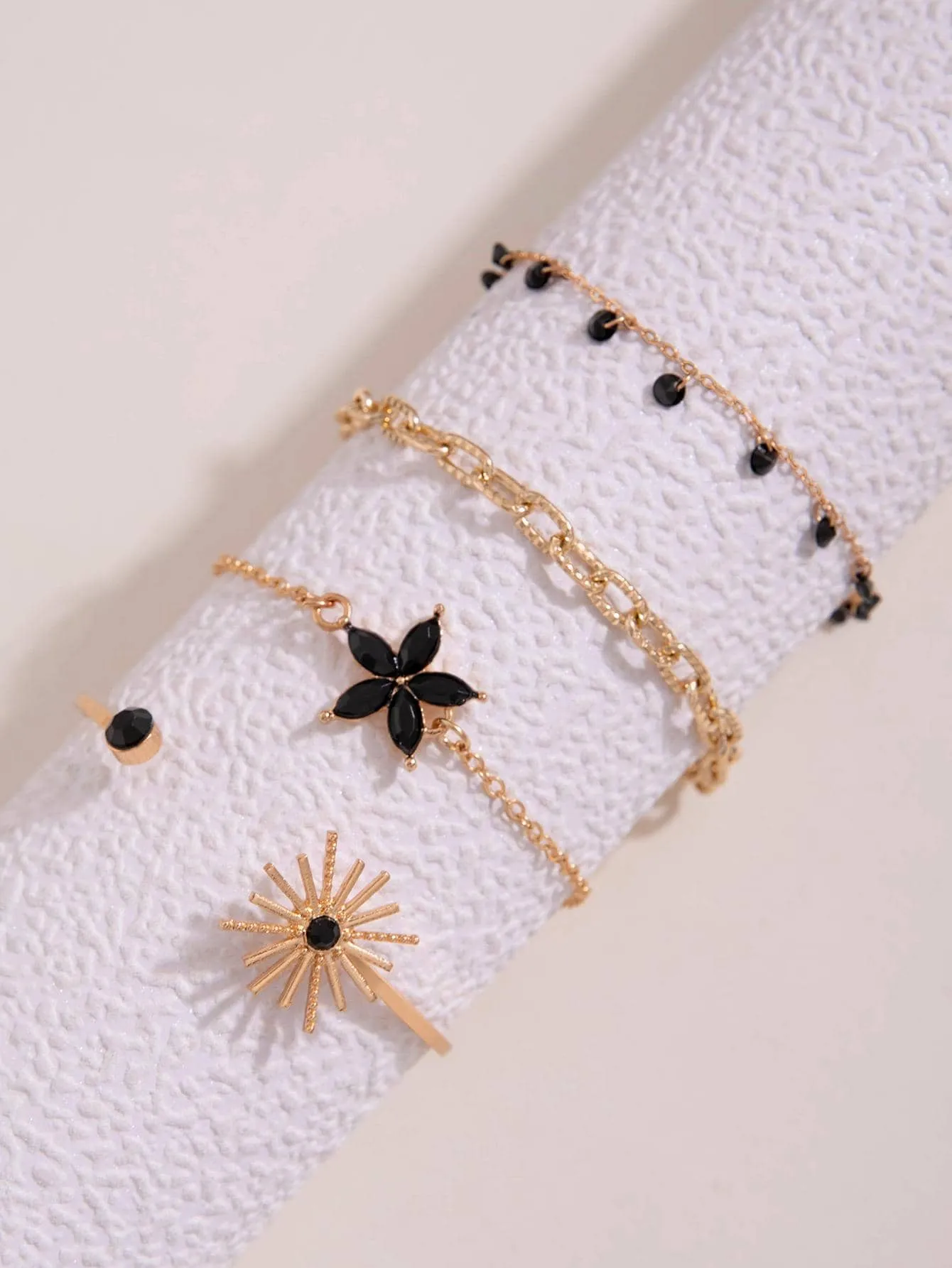 4pcs/set Flower Rhinestone Decor Bracelet Set - Black