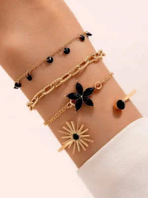4pcs/set Flower Rhinestone Decor Bracelet Set - Black
