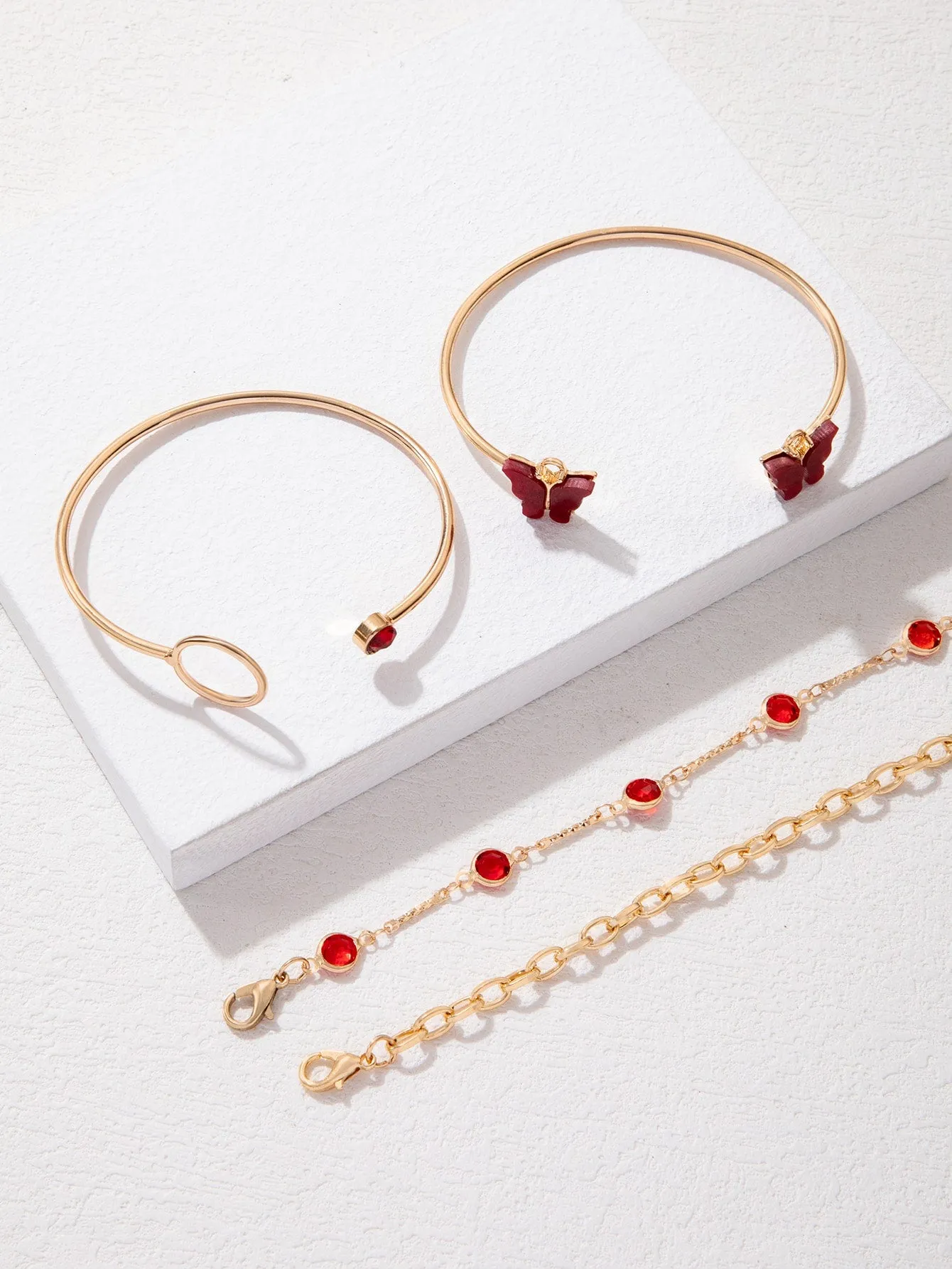 4pcs/set Rhinestone & Butterfly Decor Bracelet  - Red