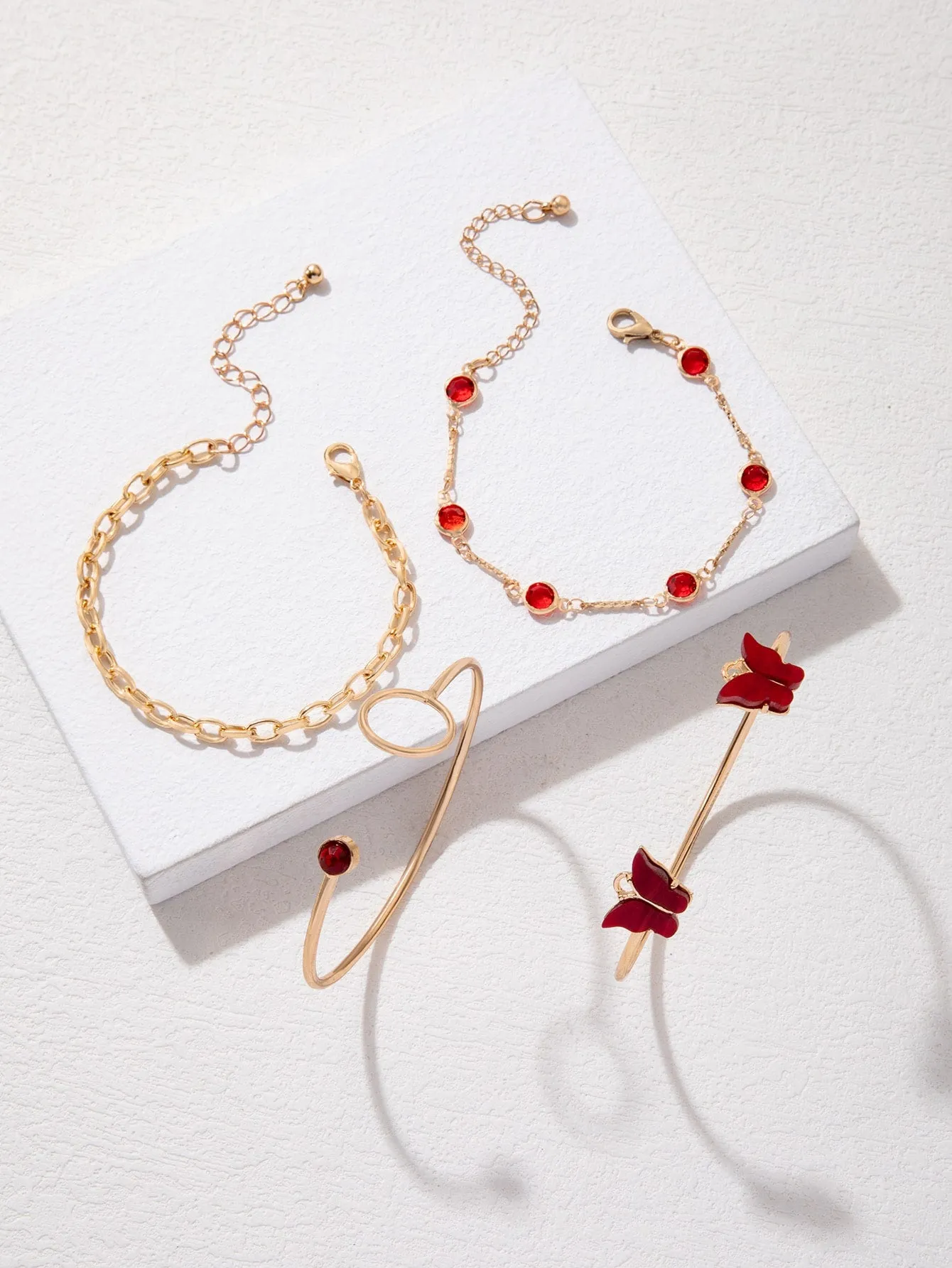4pcs/set Rhinestone & Butterfly Decor Bracelet  - Red