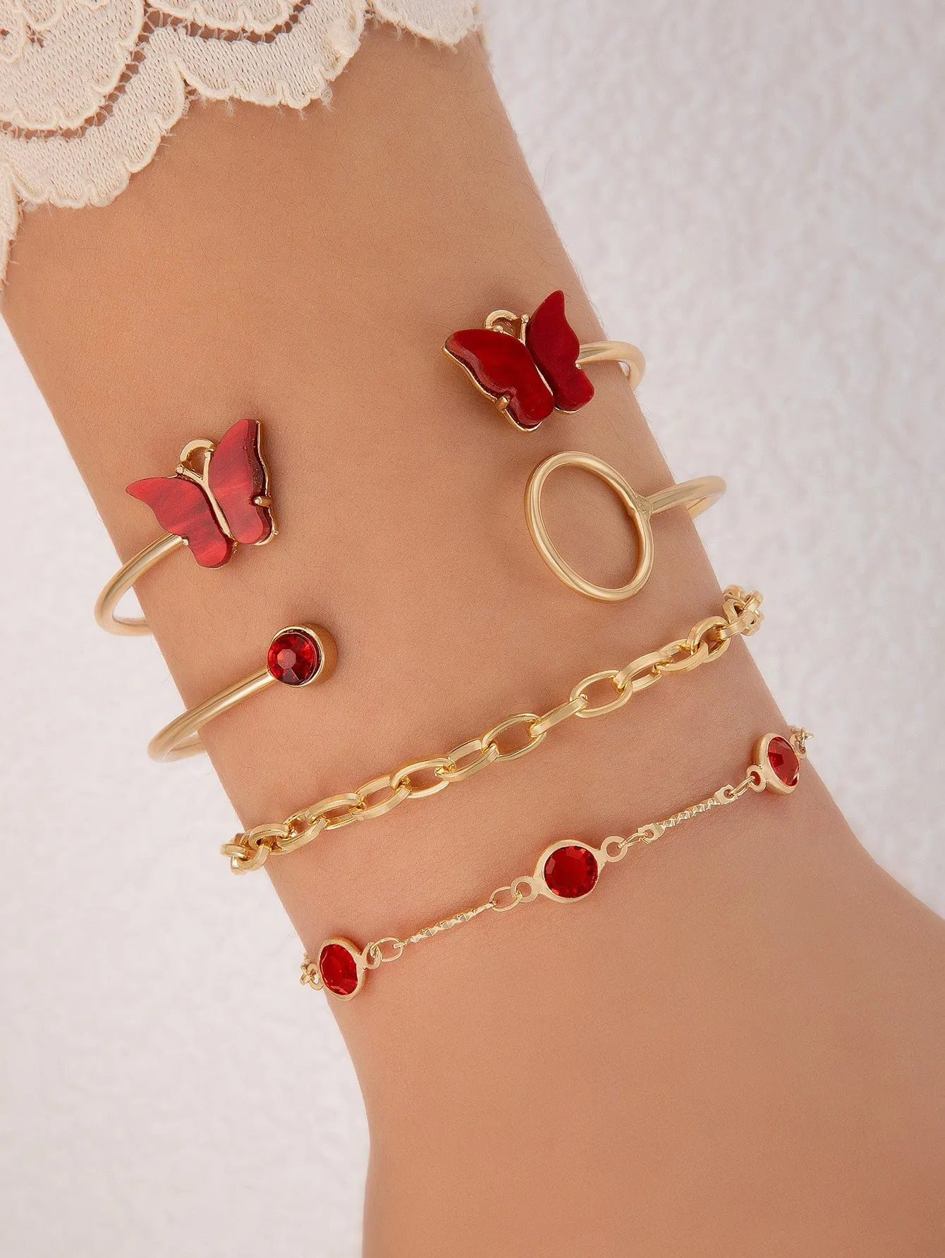 4pcs/set Rhinestone & Butterfly Decor Bracelet  - Red