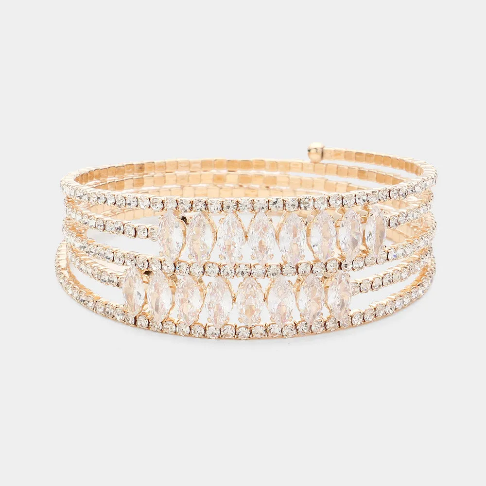 5-Row Clear CZ Marquise and Rhinestone Adjustable Pageant Bracelet on Gold | Prom Bracelet |  622960