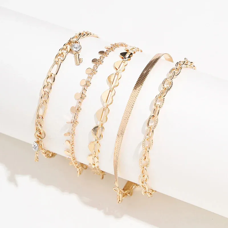 5Pcs Heart Anklet Chain Set for Women, Boho Foot Jewelry Gift