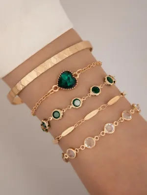 5pcs/set Rhinestone Heart & Round Decor Bracelet - Gold