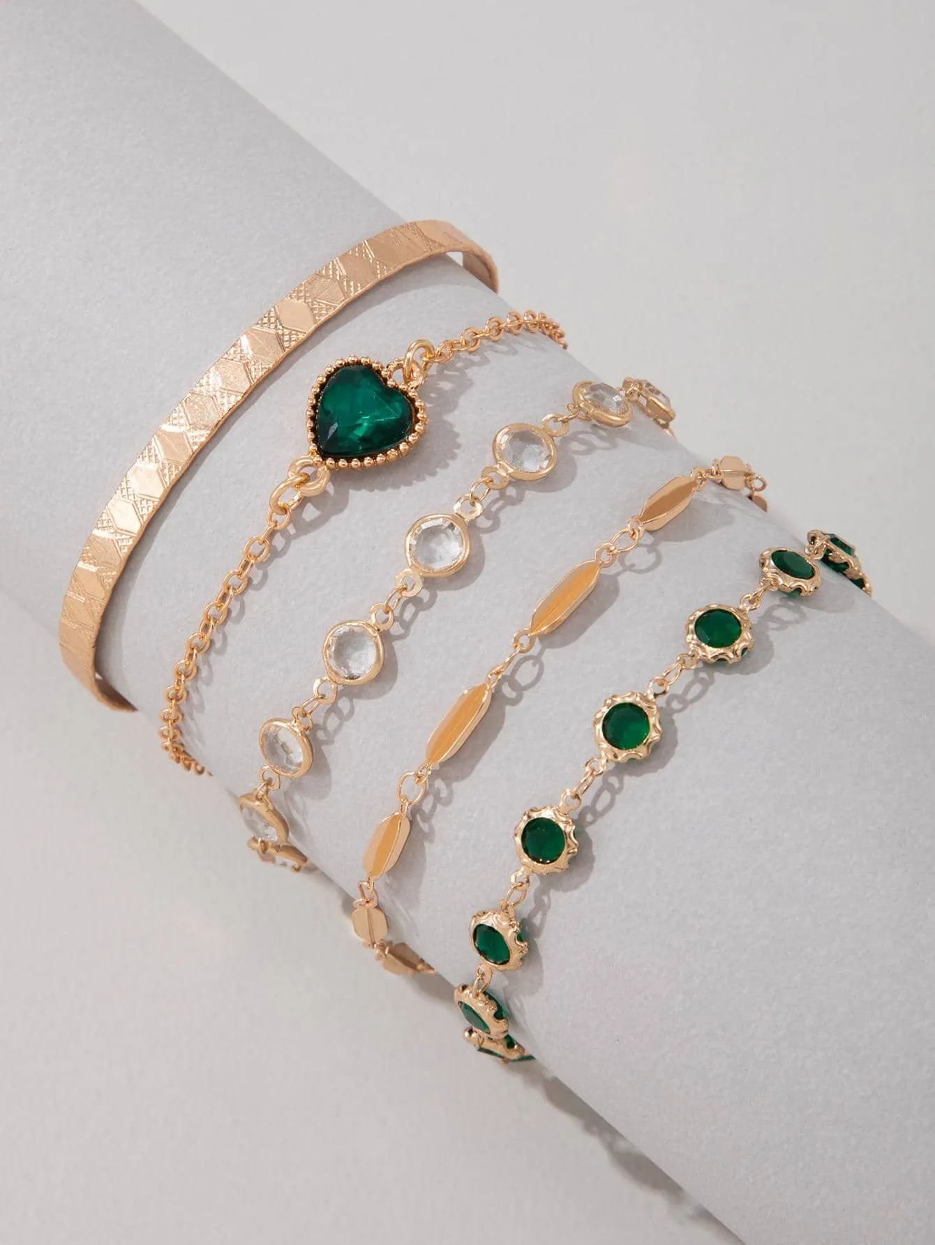5pcs/set Rhinestone Heart & Round Decor Bracelet - Gold