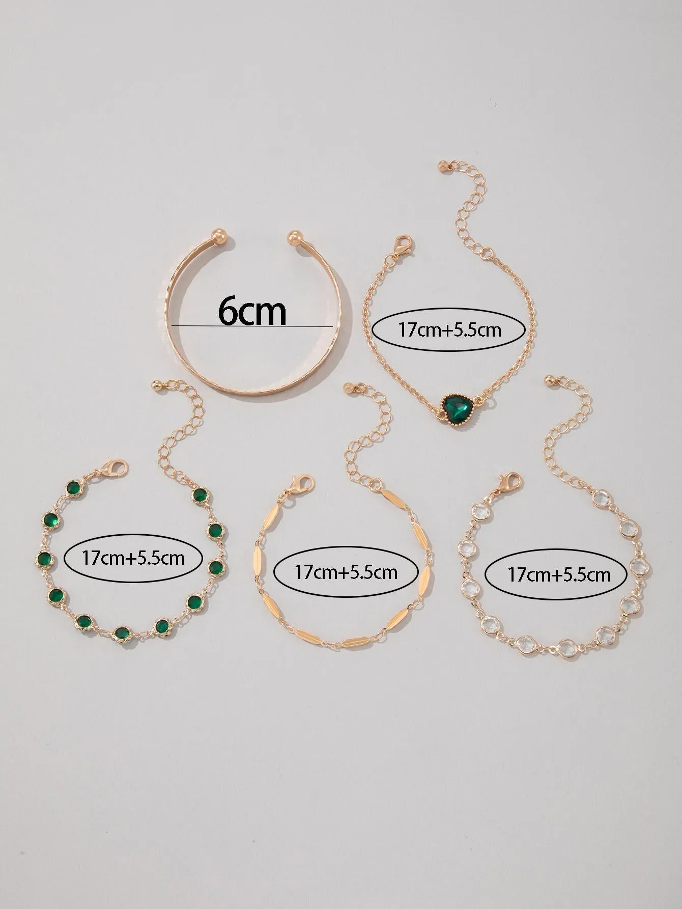 5pcs/set Rhinestone Heart & Round Decor Bracelet - Gold