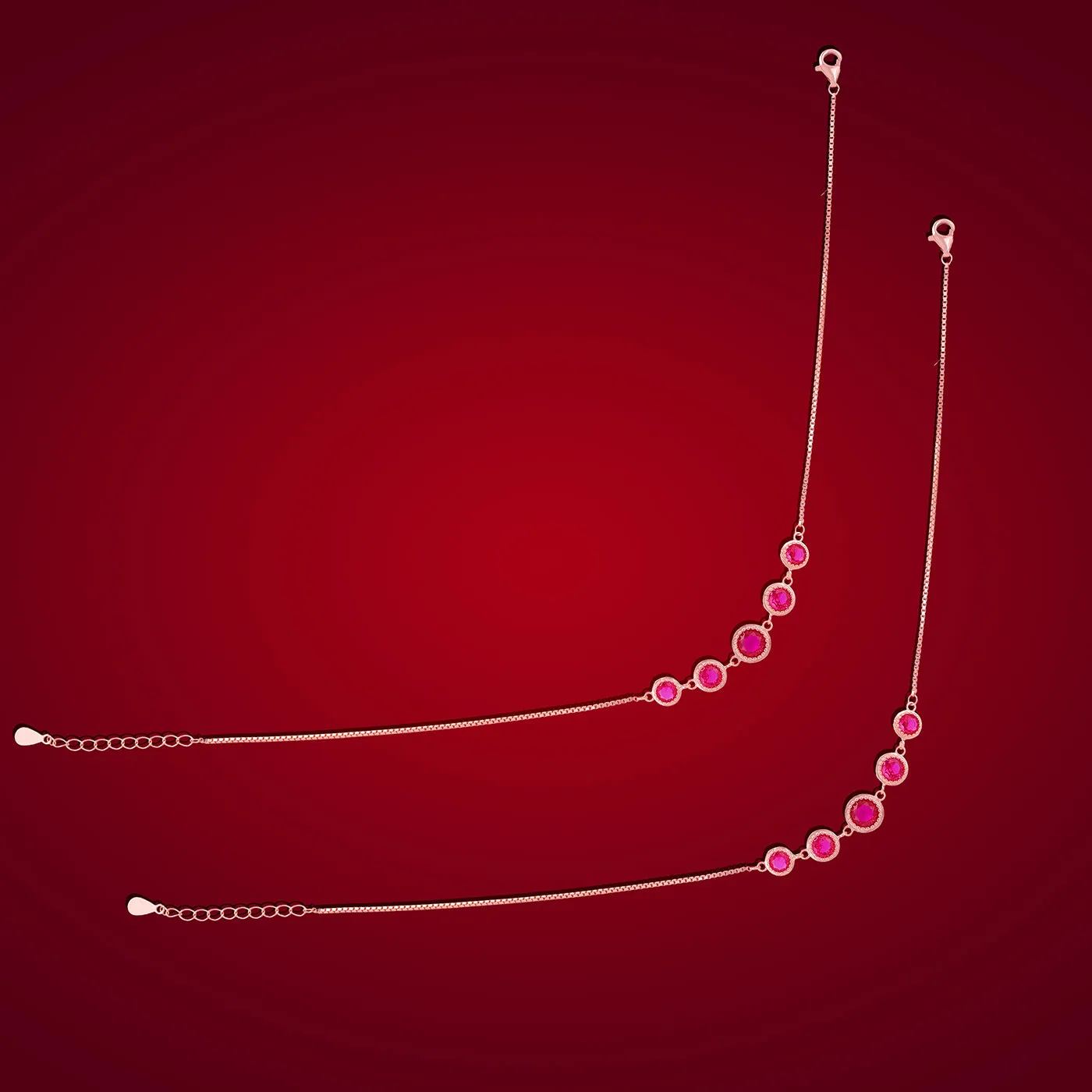 925 Rhodium Sterling Silver Red Halo Stone Anklet For Women