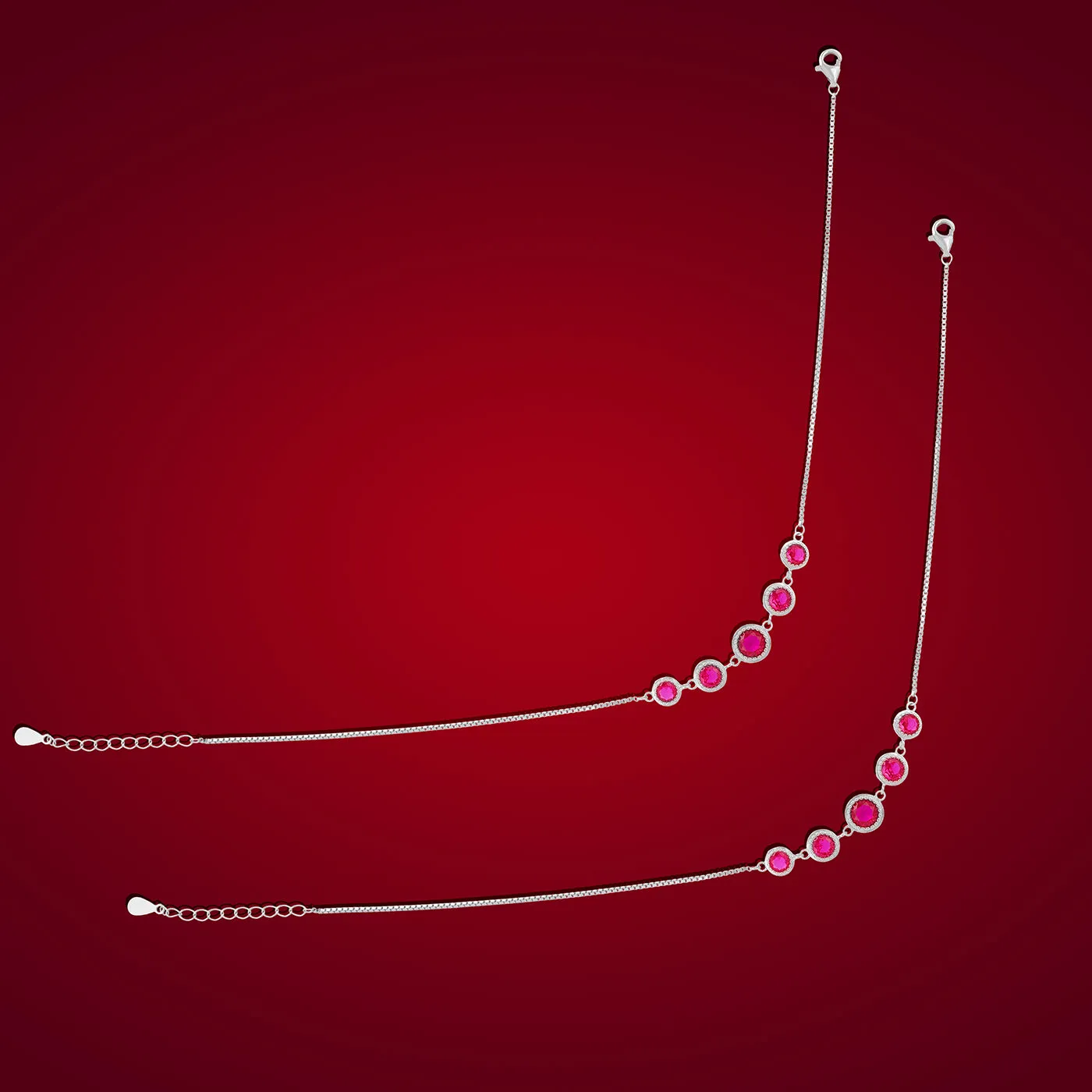 925 Rhodium Sterling Silver Red Halo Stone Anklet For Women