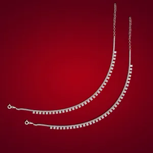 925 Rhodium Sterling Silver Subtle Chain Square Drops Anklets For Women