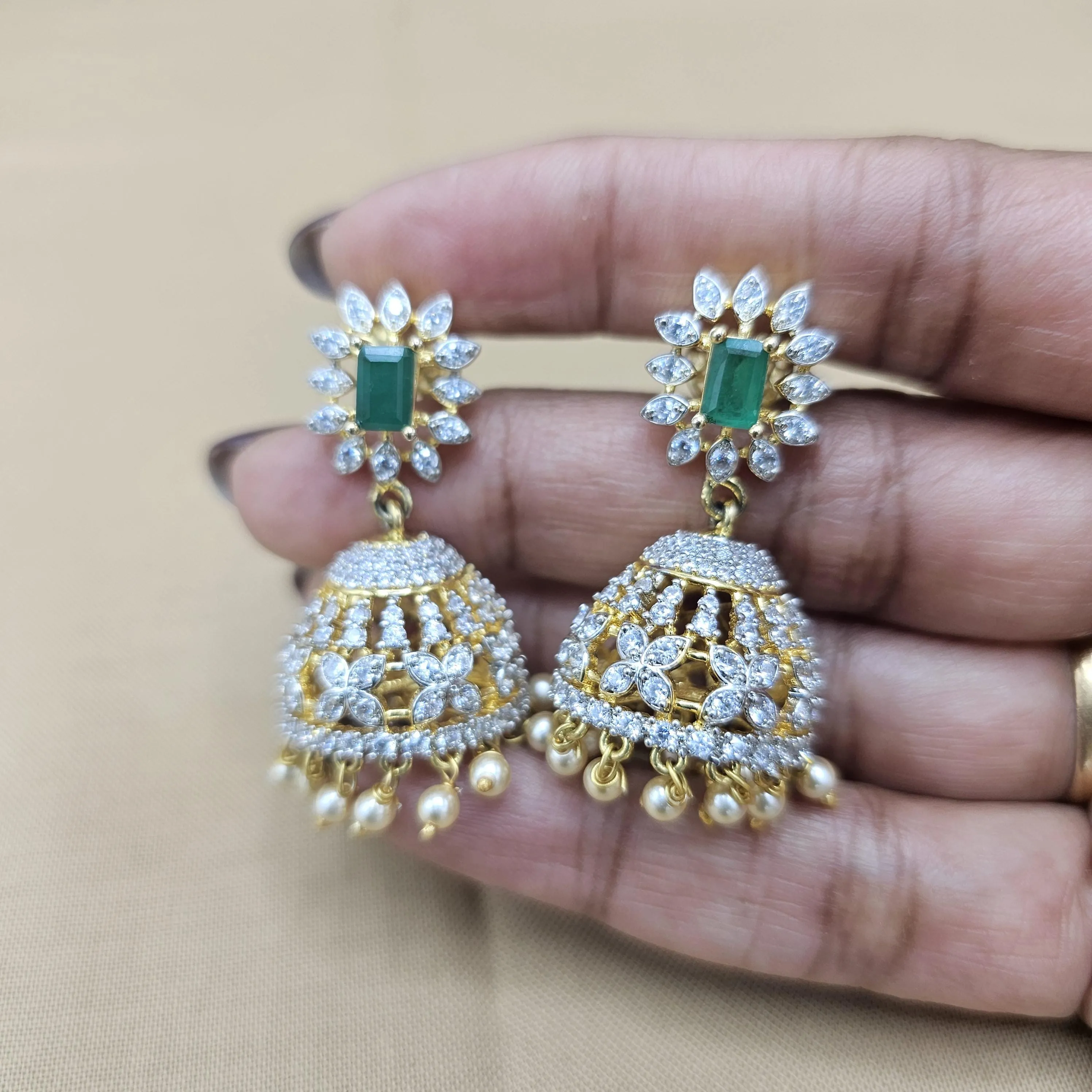 92.5 Silver Diamond Rep earrings, Party-wear Silver earring, Silver Jhumka, Premium Cz Bali, 92.5 Hallmark, Indian wedding jewelry.