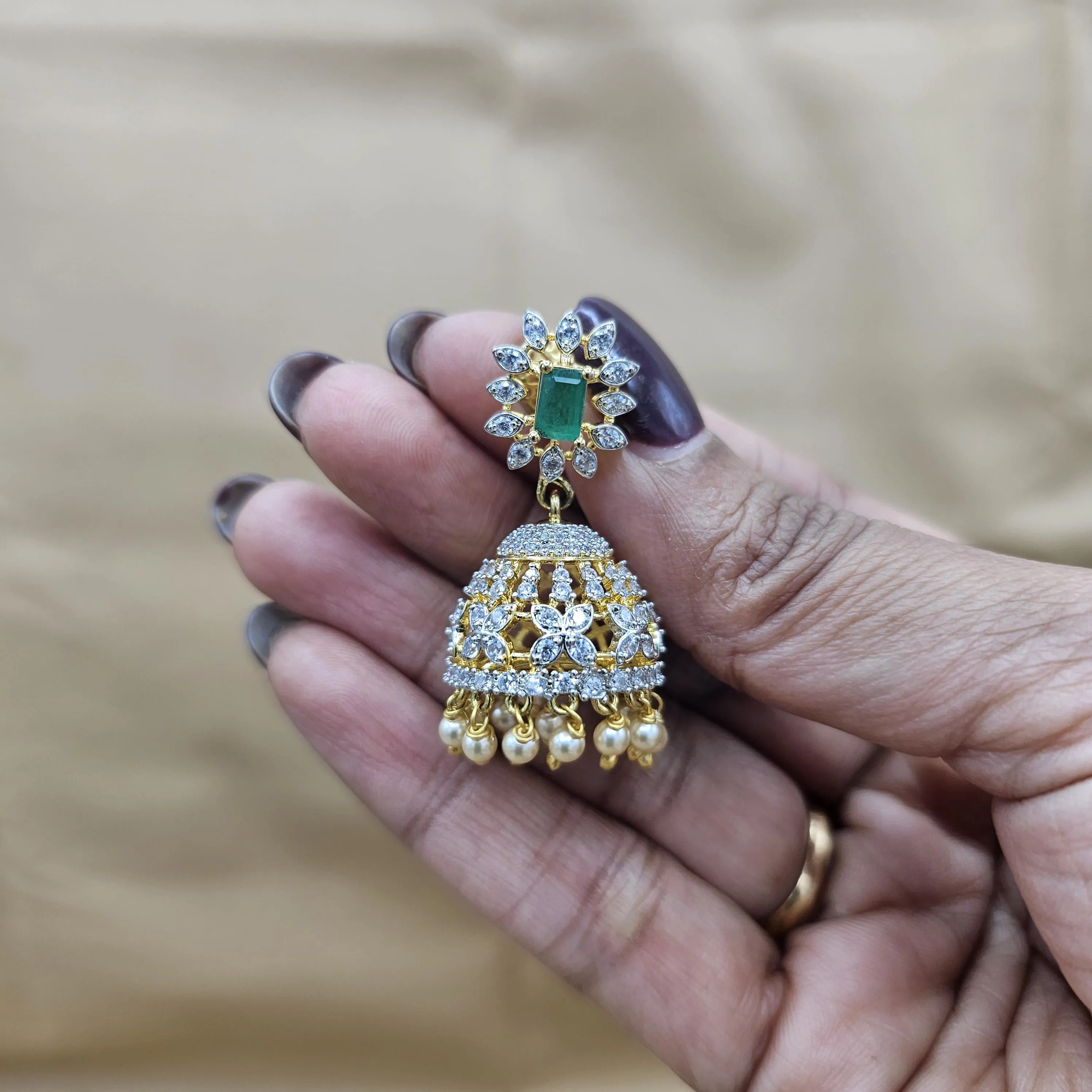 92.5 Silver Diamond Rep earrings, Party-wear Silver earring, Silver Jhumka, Premium Cz Bali, 92.5 Hallmark, Indian wedding jewelry.