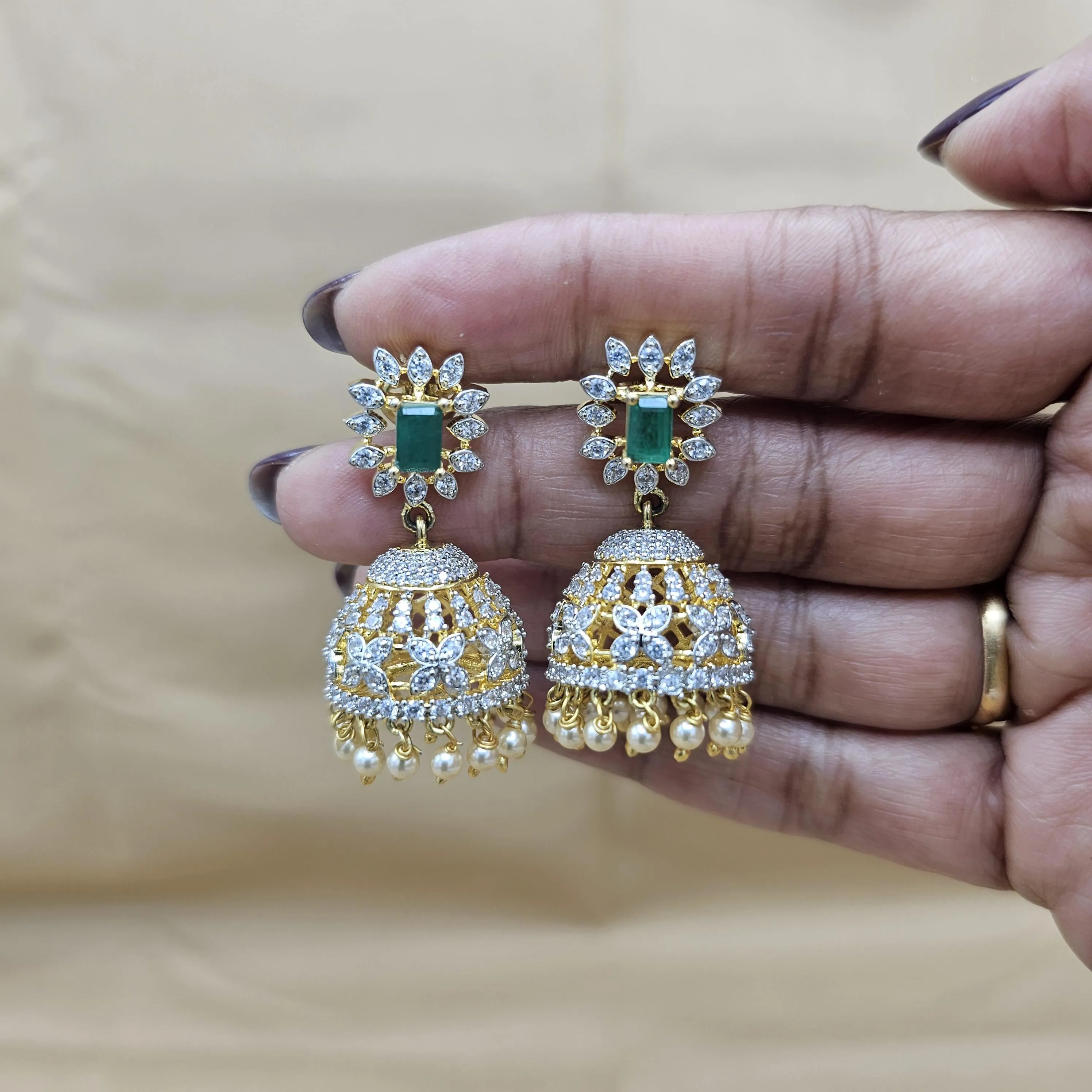 92.5 Silver Diamond Rep earrings, Party-wear Silver earring, Silver Jhumka, Premium Cz Bali, 92.5 Hallmark, Indian wedding jewelry.