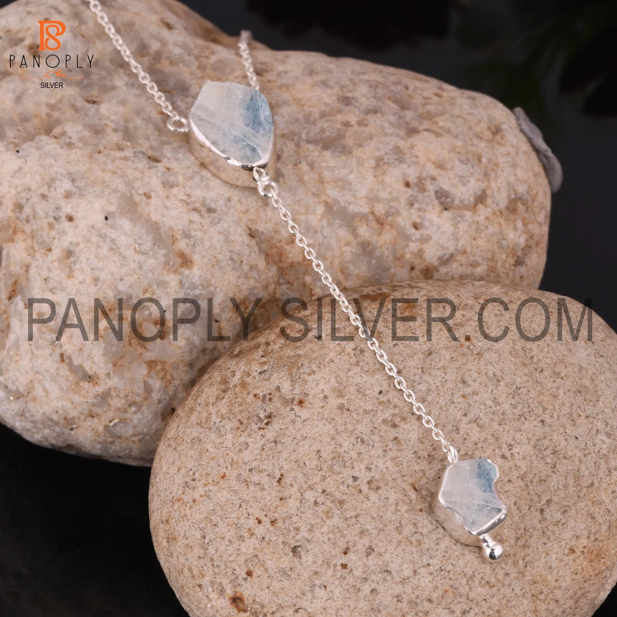 925 Silver Rainbow Moonstone Rough Pendant Necklaces