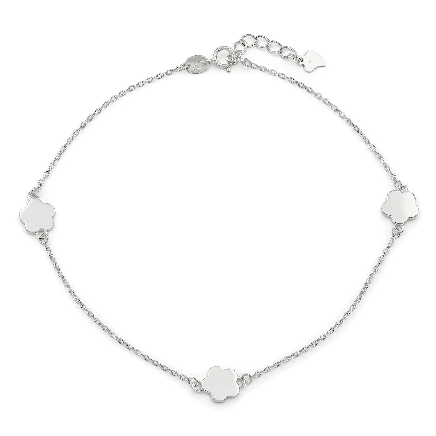 925 Sterling Silver High Polish Flower Station Ankle Bracelet