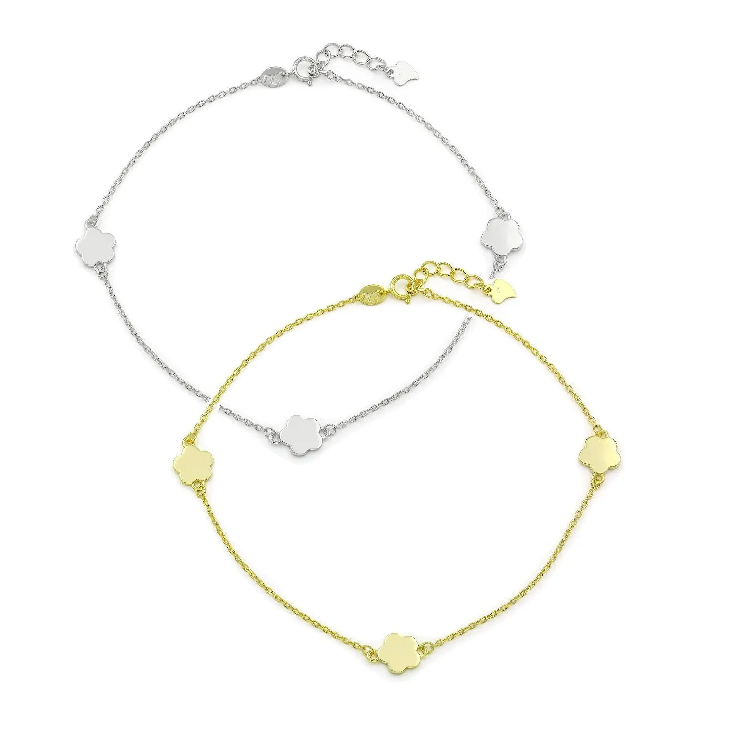 925 Sterling Silver High Polish Flower Station Ankle Bracelet