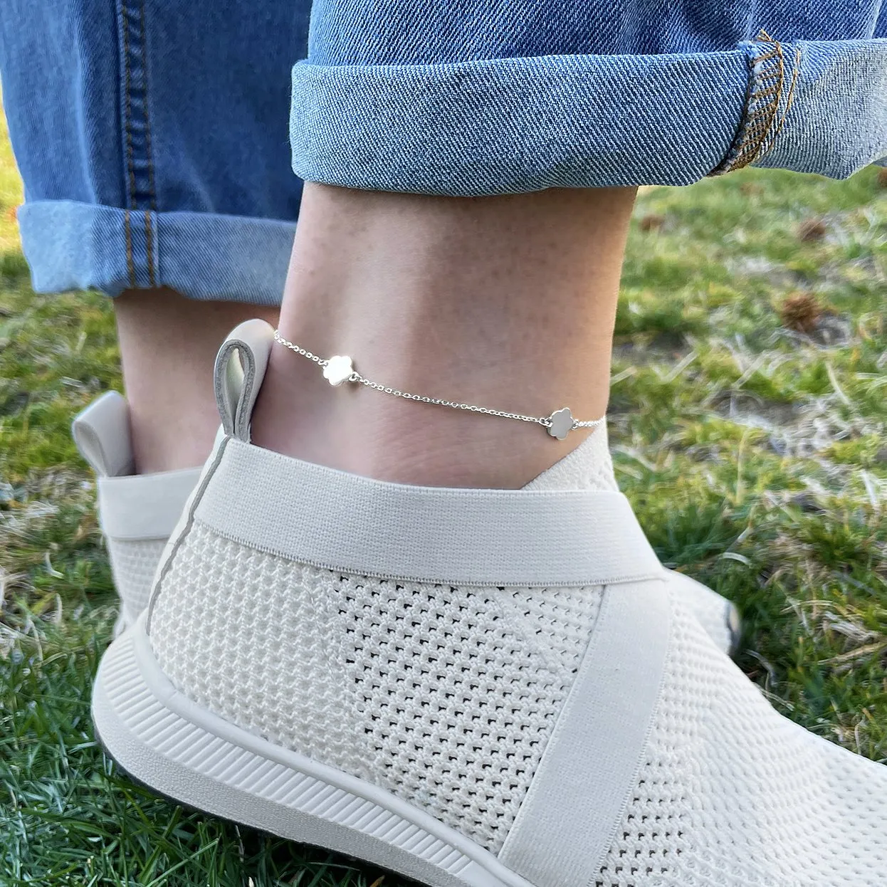 925 Sterling Silver High Polish Flower Station Ankle Bracelet