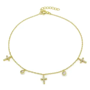 925 Sterling Silver Micro Pave Cross Religious Charm Ankle Bracelet