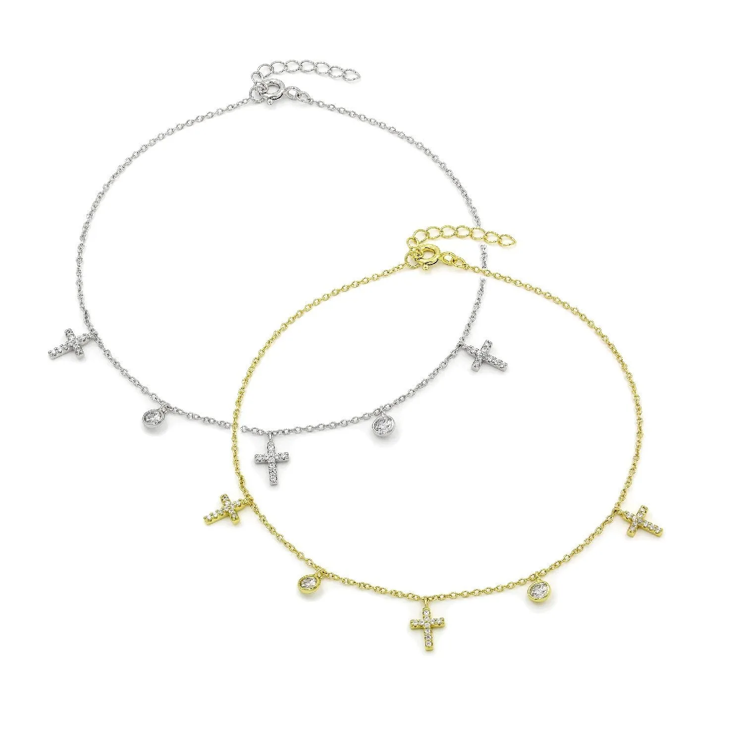 925 Sterling Silver Micro Pave Cross Religious Charm Ankle Bracelet