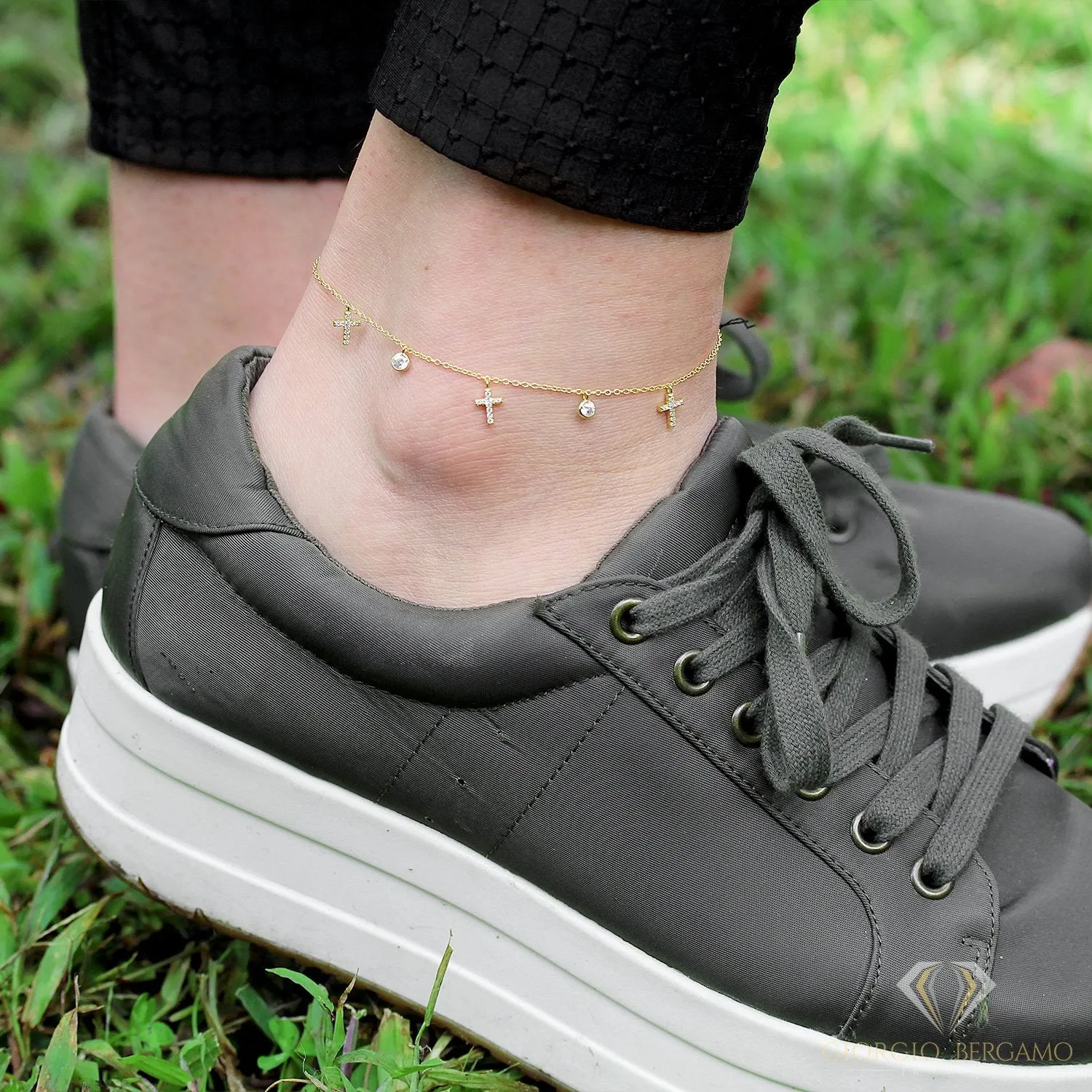 925 Sterling Silver Micro Pave Cross Religious Charm Ankle Bracelet