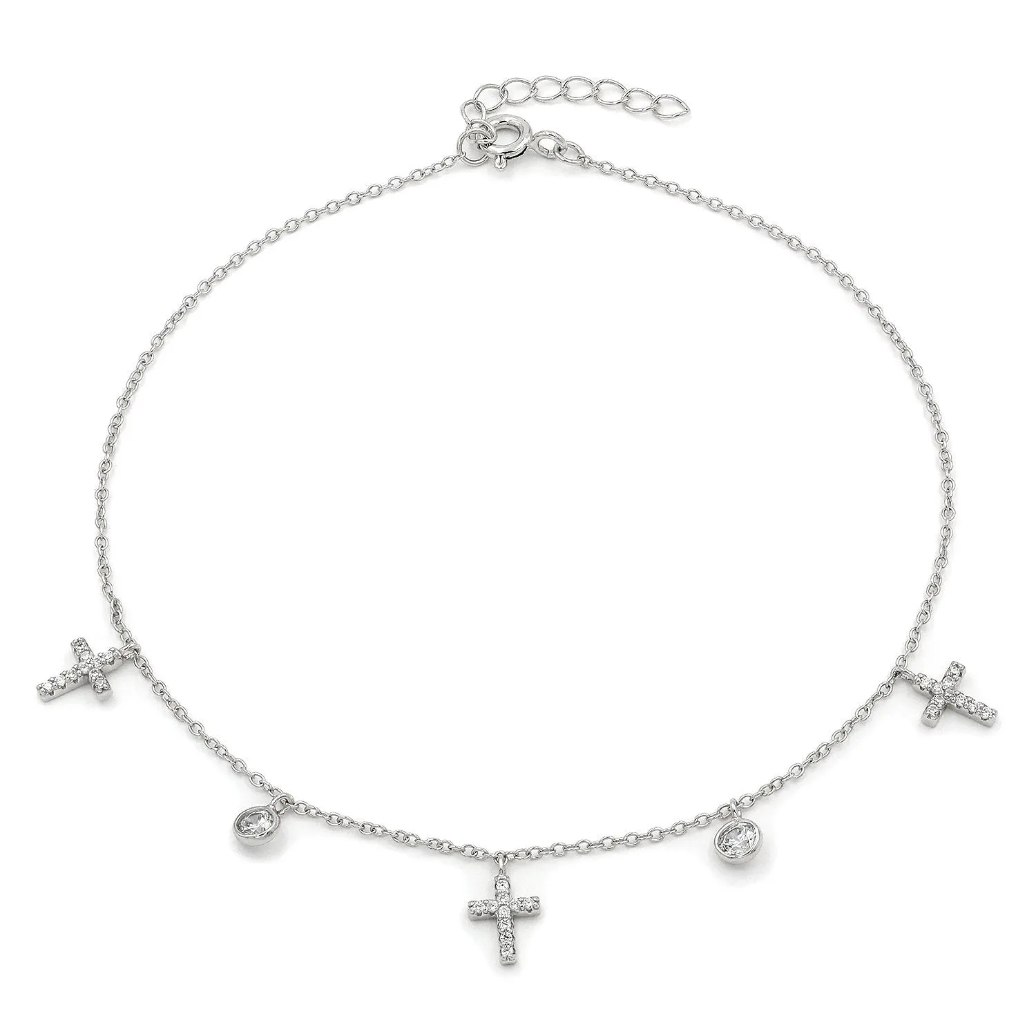 925 Sterling Silver Micro Pave Cross Religious Charm Ankle Bracelet