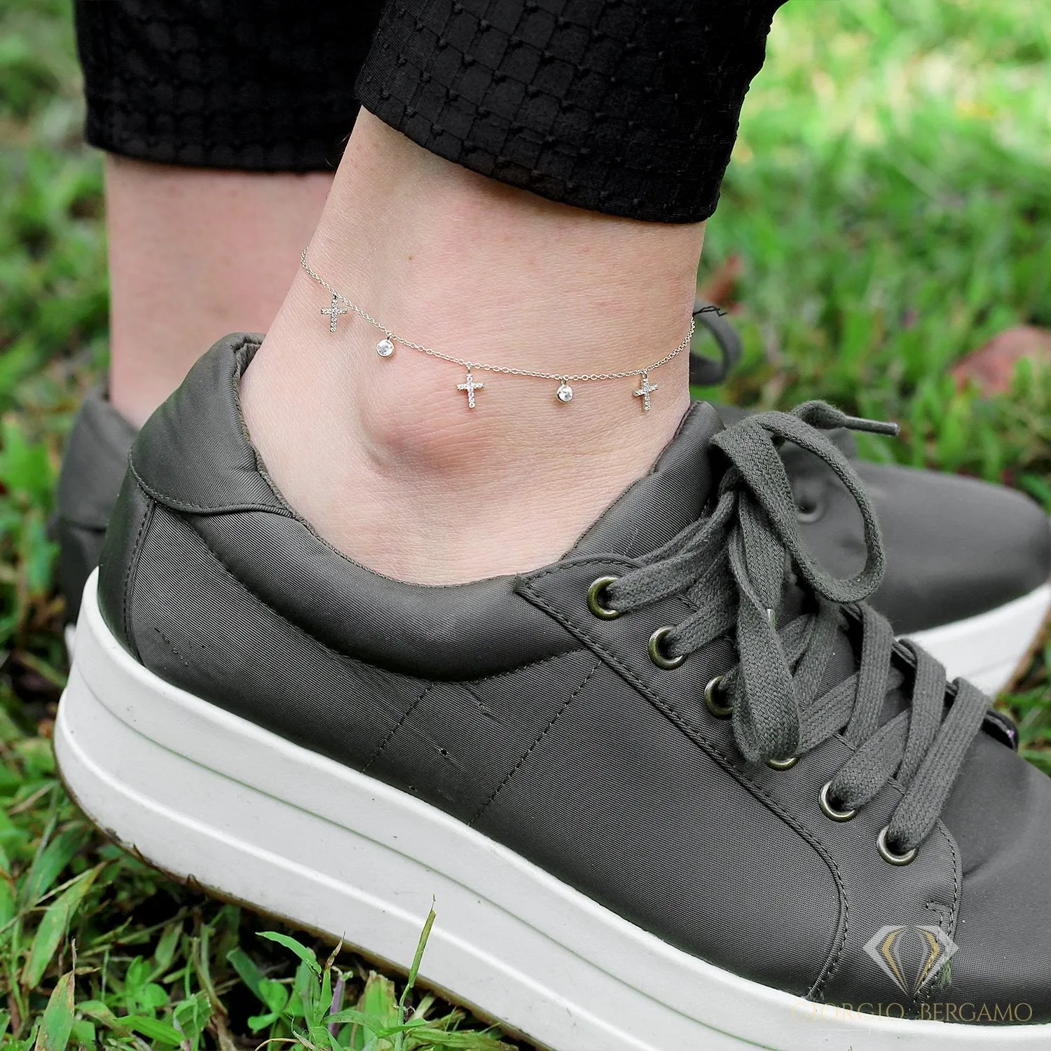 925 Sterling Silver Micro Pave Cross Religious Charm Ankle Bracelet