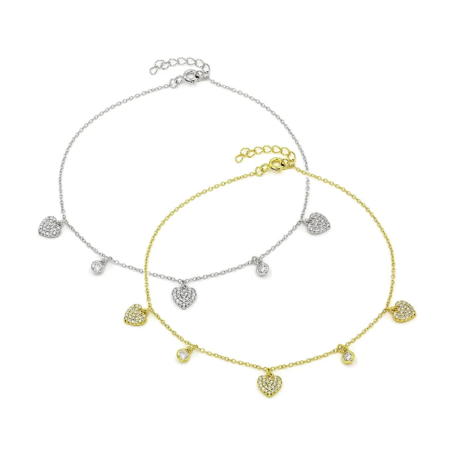 925 Sterling Silver Micro Pave Heart Charm Ankle Bracelet