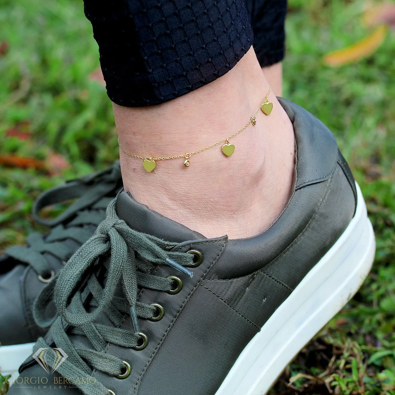 925 Sterling Silver Micro Pave Heart Charm Ankle Bracelet